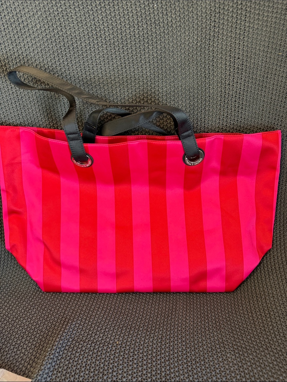 Victoria's Secret Hot Pink & Red Striped Logo Tote - Picture 2 of 7